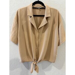 Lily Star Tan Beige Short Sleeve Tie Front Button Down Blouse Top Large